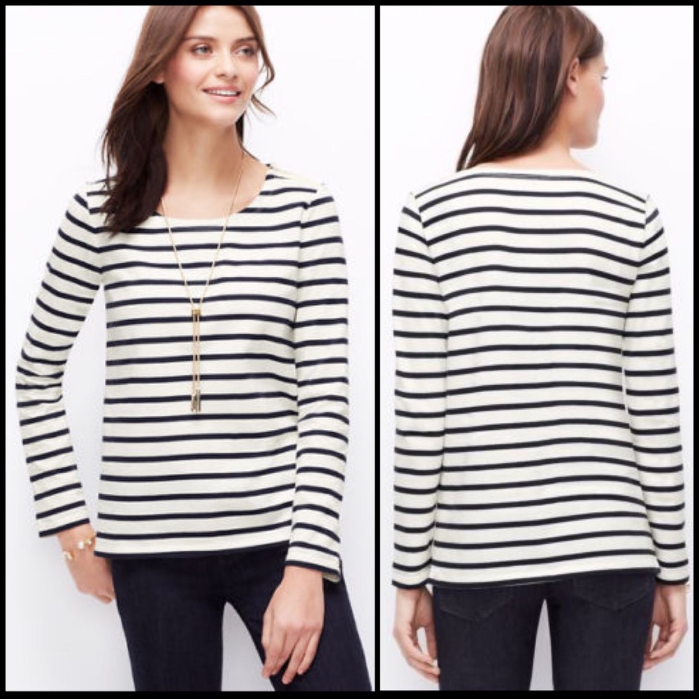Ann Taylor Stripe Shoulder-Zip Cotton Tee, Small